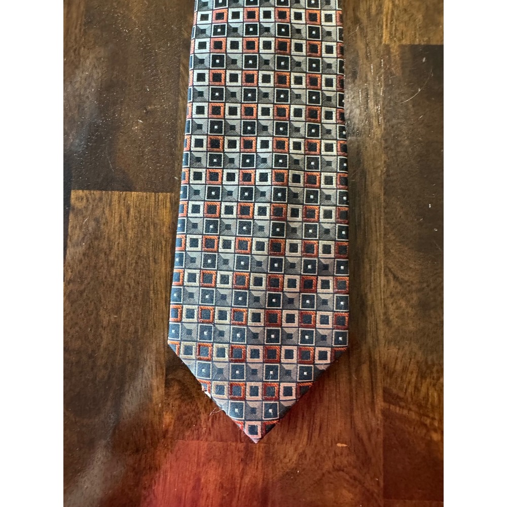 Joseph & Feiss Silk Necktie Orange Grey Black Geometric Square Pattern Hand Made